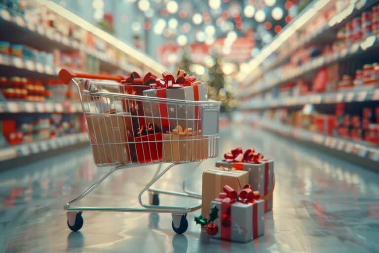 a shopping cart in the middle of an aisle filled with presents